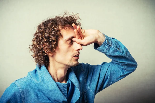 Curly Man Posing Beige Background — Stock Photo, Image