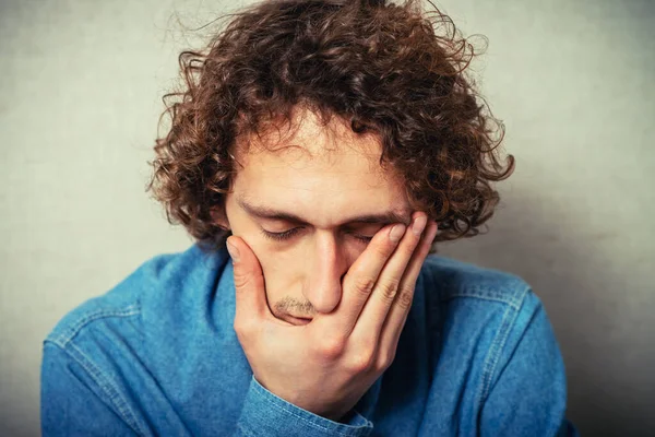 Curly Young Man Crying Sad Covered His Face His Hands — Stock Photo, Image