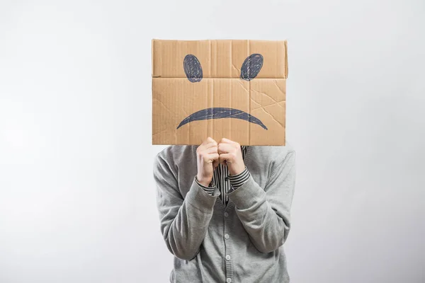 Young Man Standing Cardboard His Head Sad Face — Stock Photo, Image