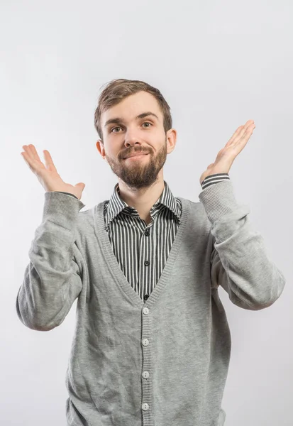 Jeune Homme Décontracté Avec Sourire Sur Visage Les Bras Grands — Photo