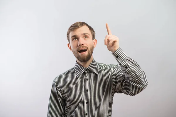 Het Eureka Man Met Een Idee Steekt Zijn Vinger Lucht — Stockfoto