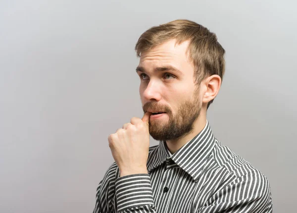 Closeup Thoughtful Young Man Finger Lips — Stock Photo, Image