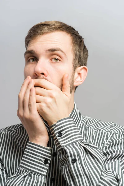 Way Shocked Young Man Formalwear Covering Mouth Hand — Stock Photo, Image