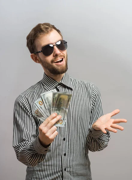 Young Man Isolated Gray Background Holding Banknotes — Stock Photo, Image