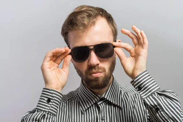 Confident Casual Man Taking His Dark Shades Looking You — Stock Photo, Image