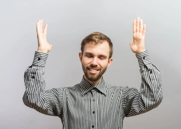 Portrait Longueur Gérant Priant Les Mains Air Isolé Sur Gris — Photo