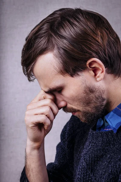 Young Man Beard Blue Sweater Thinking Hand Face — Stock Photo, Image