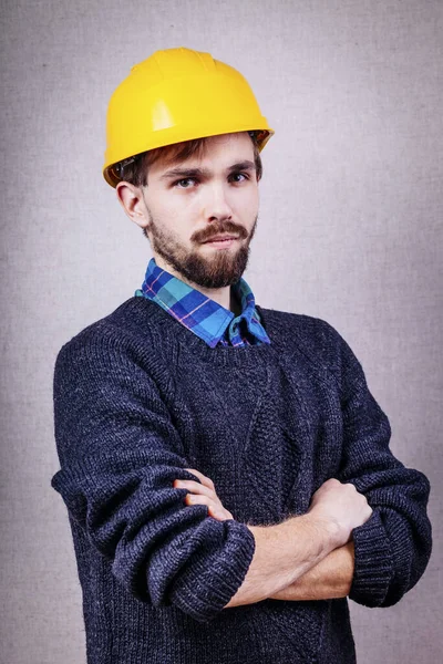 Serious Young Man Yellow Helmet — Stock Photo, Image