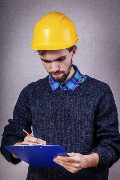 Jovem Construtor Capacete Pensou Sobre Projeto — Fotografia de Stock