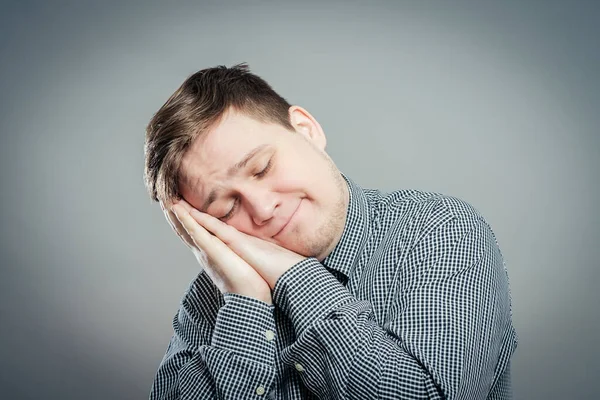 Joven Quiere Dormir Pon Cabeza Sus Manos — Foto de Stock