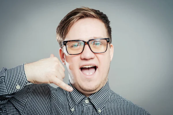 Excited Young Man Glasses Talk Mobile — Stock Photo, Image