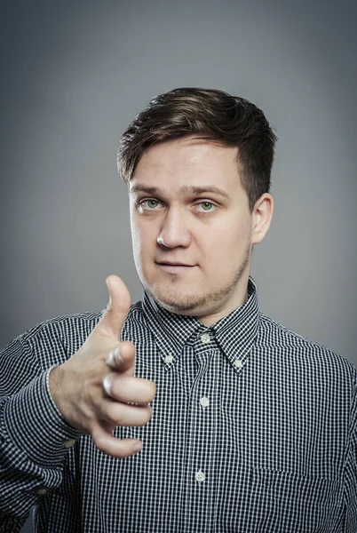 Young Man Pointing Someone Gesture Finger — Stock Photo, Image