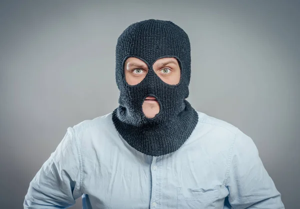 Face Angry Burglar Wearing Black Ski Mask Balaclava — Stock Photo, Image
