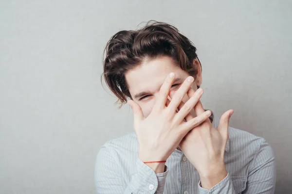 Portrait Handsome Man Covering His Eyes Hand Studio — Stock Photo, Image