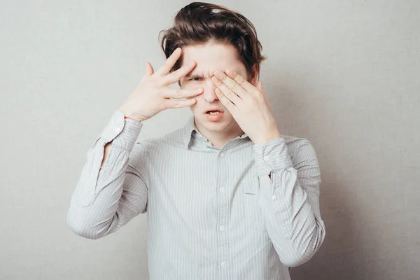 Portrait Man Closed One Eye His Hand — Stock Photo, Image