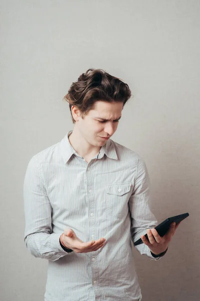 Young Businessman Using Tablet Computer Isolated Gray Background — Stock Photo, Image