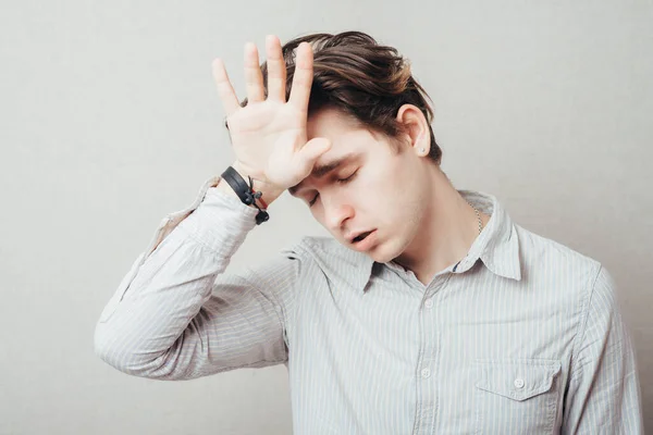 Handsome Man Headache Hand Forehead Isolated White Background — Stock Photo, Image