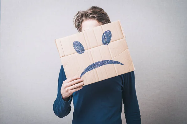 Young Man Cardboard His Head Sad Face — Stock Photo, Image