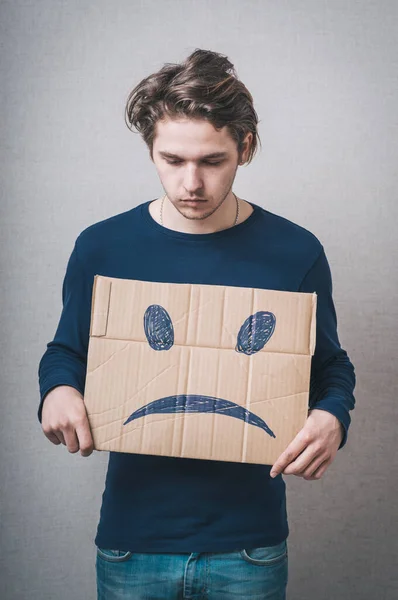 Young Man Cardboard His Head Sad Face — Stock Photo, Image