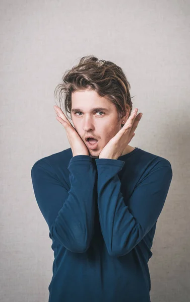 Puzzled Handsome Young Man Looks Camera Uncertain Perturbed Expression — Stock Photo, Image