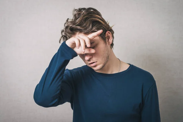 Man Headache Hand His Head Gray Background — Stock Photo, Image