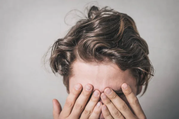 Man Crying Very Upset Covered His Face His Hands Gray — Stock Photo, Image