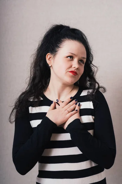 Woman Put Her Hands His Chest Gray Background — Stock Photo, Image