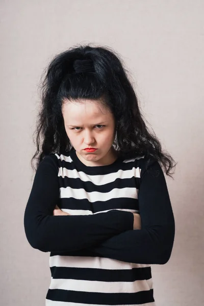 Woman Put Her Hands His Chest Offended Pouted Gray Background — Stock Photo, Image