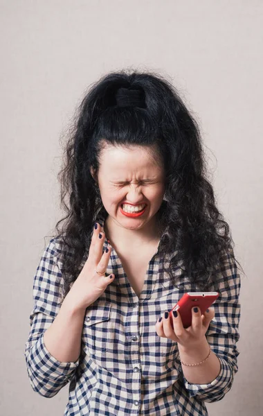 Woman Reading Good Sms Message Phone Gray Background — Stock Photo, Image