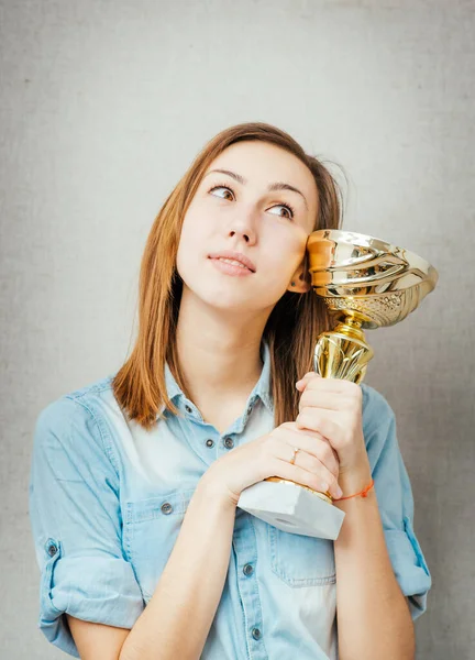 Woman Cup Winner Isolated Gray Background — Stock Photo, Image