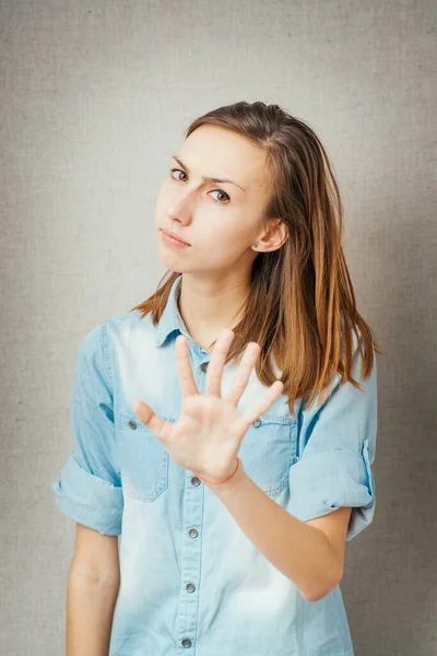 Meisje Toont Handen Stop — Stockfoto