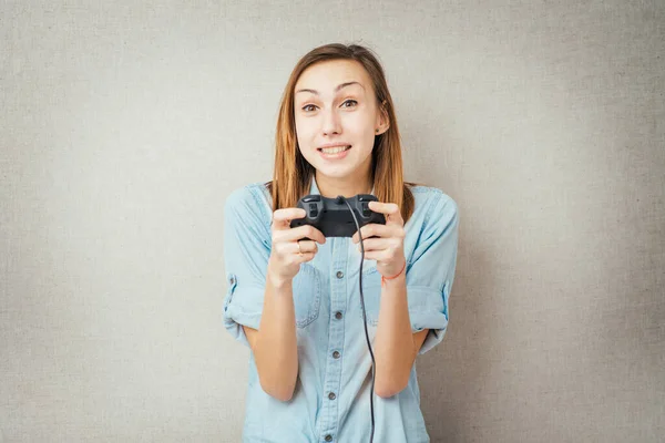 Jong Gelukkig Vrouwen Speelt Een Spel Door Joystick — Stockfoto