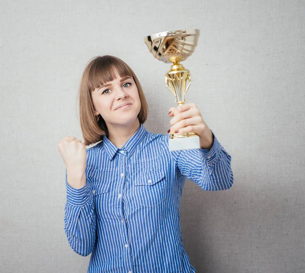 Half Length Portrait Business Woman Keeping Gold Cup Isolated White — Stock Photo, Image