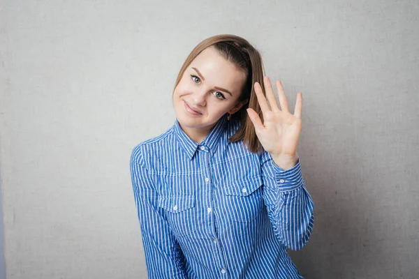 Jong Mooi Vrouw Enthousiast Met Groeten Hallo — Stockfoto