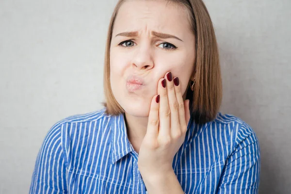 Girl Has Toothache She Keeps Hand Her Cheek — Stock Photo, Image