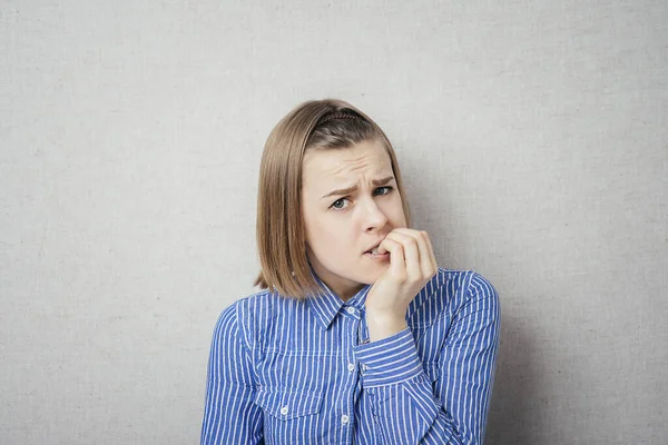 Offended Young Girl Finger Mouth — Stock Photo, Image