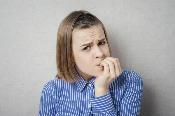 Offended Young Girl Finger Mouth — Stock Photo, Image