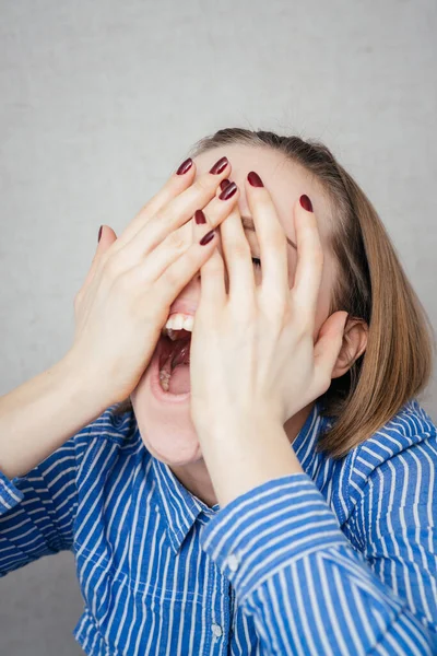 Girl Sore Eyes She Covers Her Face Pain — Stock Photo, Image