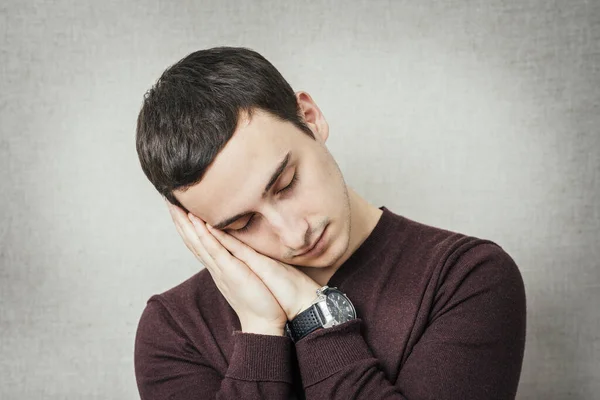 Young Man Wants Sleep Put His Head His Hands — Stock Photo, Image