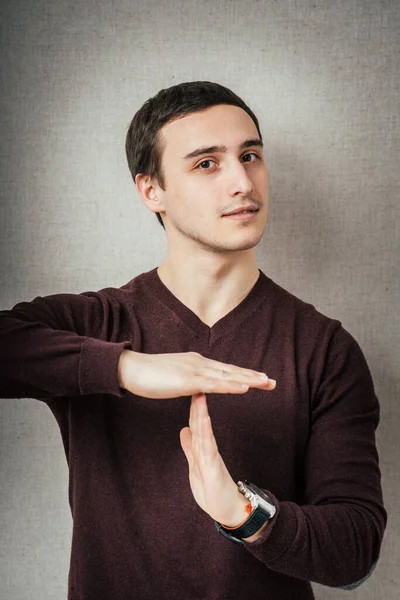 Portrait Young Man Gesturing Time Out Sign — Stock Photo, Image