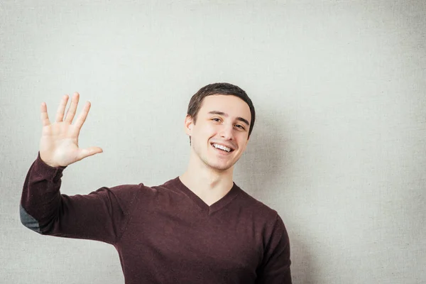 Schöne Junge Geschäftsfrau Winkt Mit Der Hand — Stockfoto