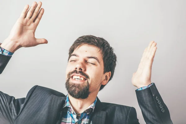 Homem Feliz Fundo Cinza — Fotografia de Stock