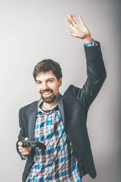 Homem Negócios Barbudo Jogando Joystick Console — Fotografia de Stock