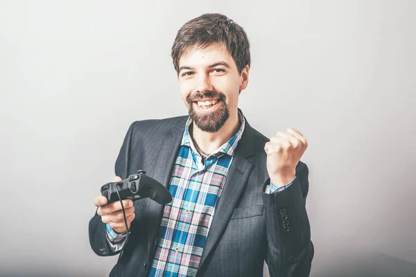 Homem Negócios Barbudo Jogando Joystick Console — Fotografia de Stock