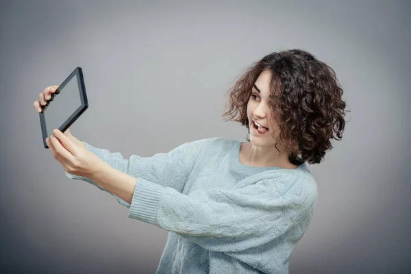 Woman Taking Photo Tablet Isolated — Stock Photo, Image