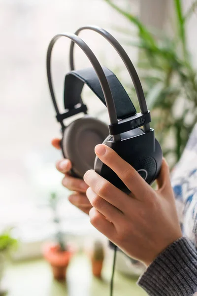 Hands Holding Big Headphones — Stock Photo, Image