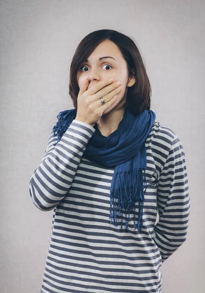 Surprised Woman Hand Her Opened Mouth Big Eyes — Stock Photo, Image