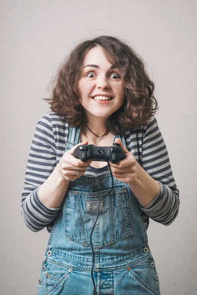 Schattig Meisje Spelen Joystick Een Spelcomputer — Stockfoto