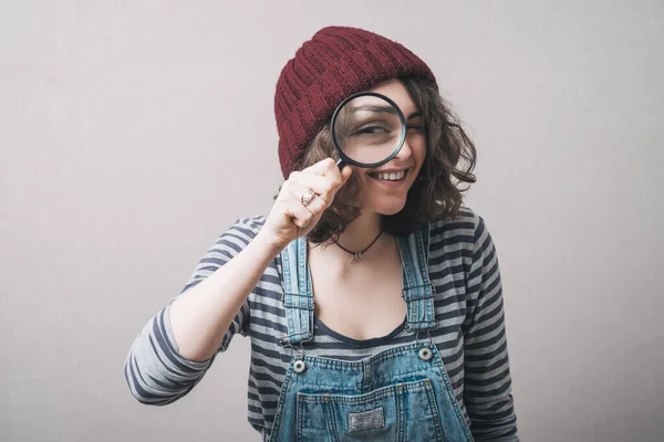 Young Beautiful Woman Magnifying Glass — Stock Photo, Image