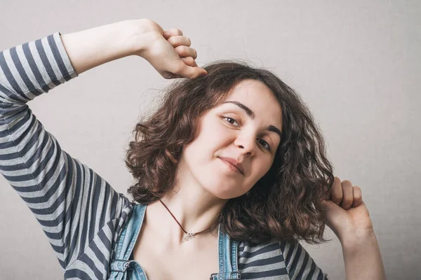 Woman Wants Sleep Stretching Gray Background — Stock Photo, Image